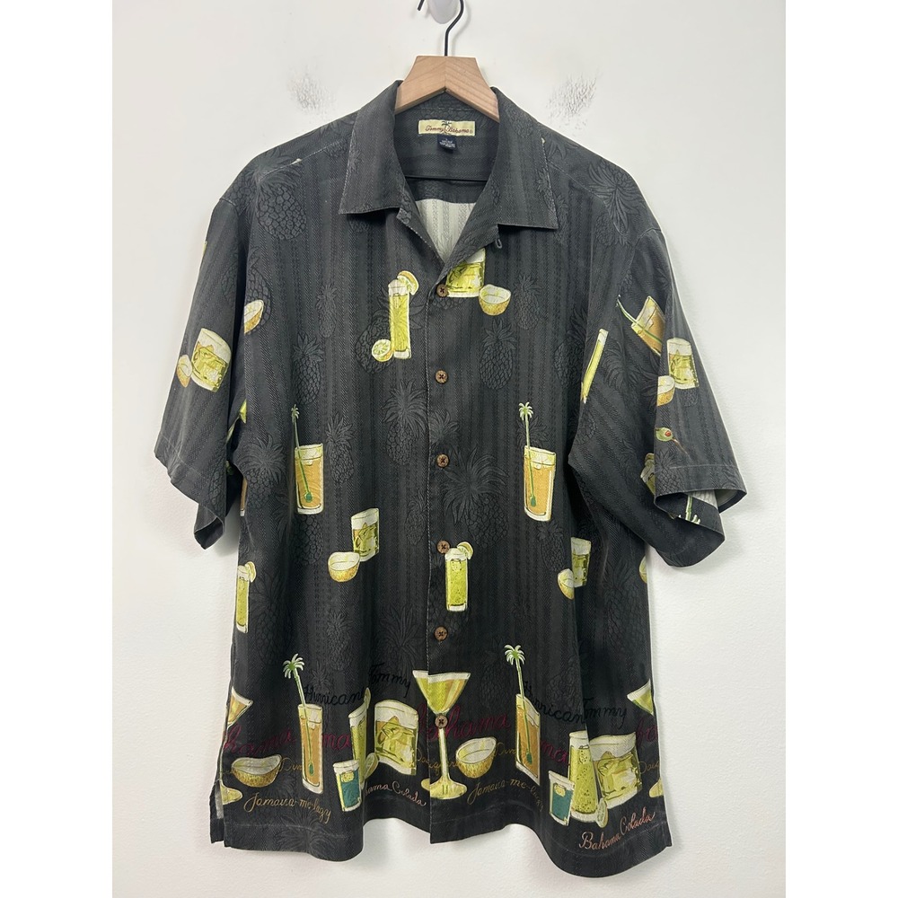 Tommy Bahama Relax Mens L Silk Short Sleeve Shirt Gray Hula Girl Tropical